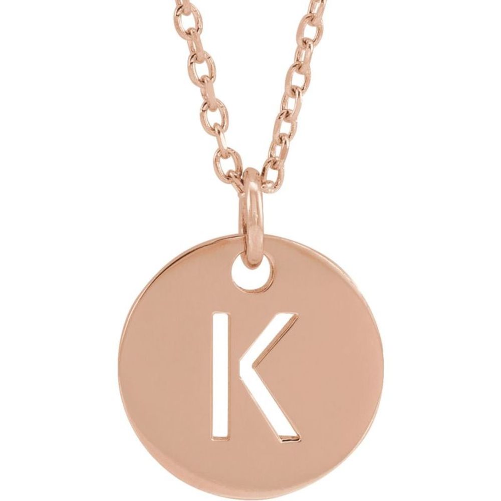 14k Rose Gold Initial K, Small 10mm Pierced Disc Necklace, 16-18 Inch